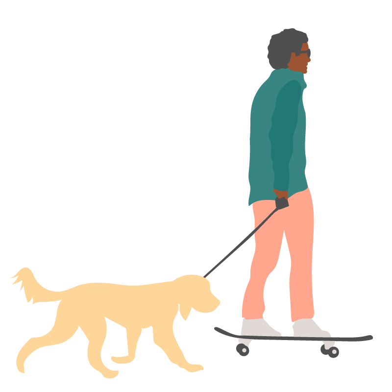 En man som åker skateboard med en hund som går bredvid.